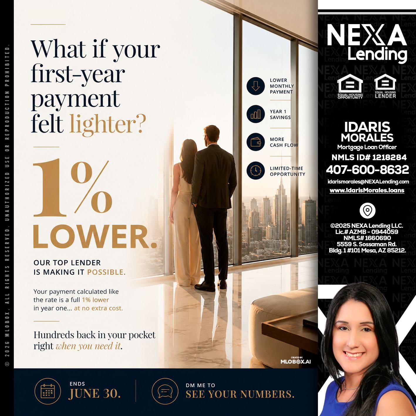 1% lower - Idaris Morales -Mortgage Loan Officer